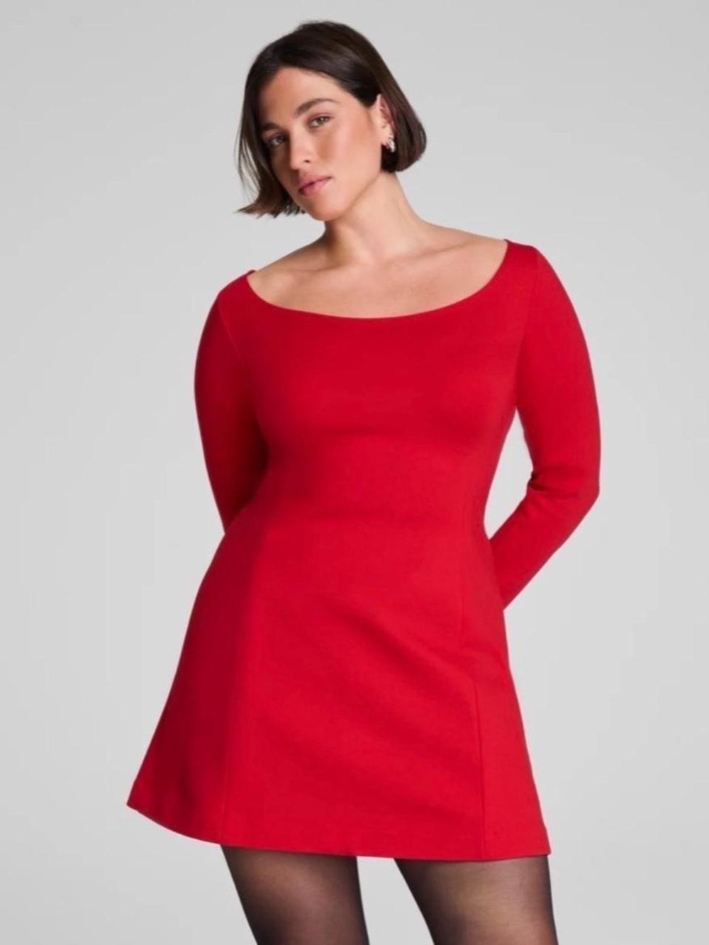 SPANX Red Scoop-Neck Long-Sleeve Mini Dress